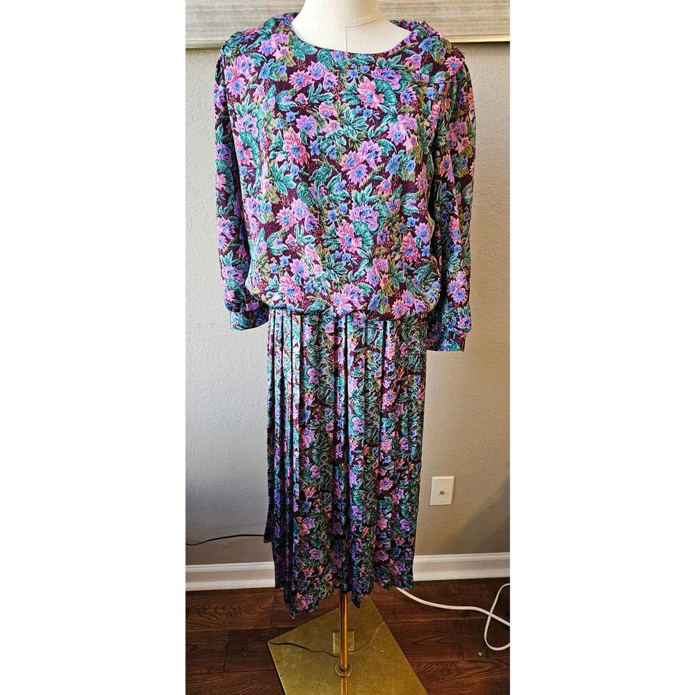 Vintage 80s Miranda Floral Boho Blouson‎ Midi Dress Secretary Cottagecore L XL